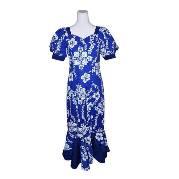 Vintage 80s Rainbow Hawaiian Ruffled Muumuu Dress Womens S Blue - Picture 1 of 8